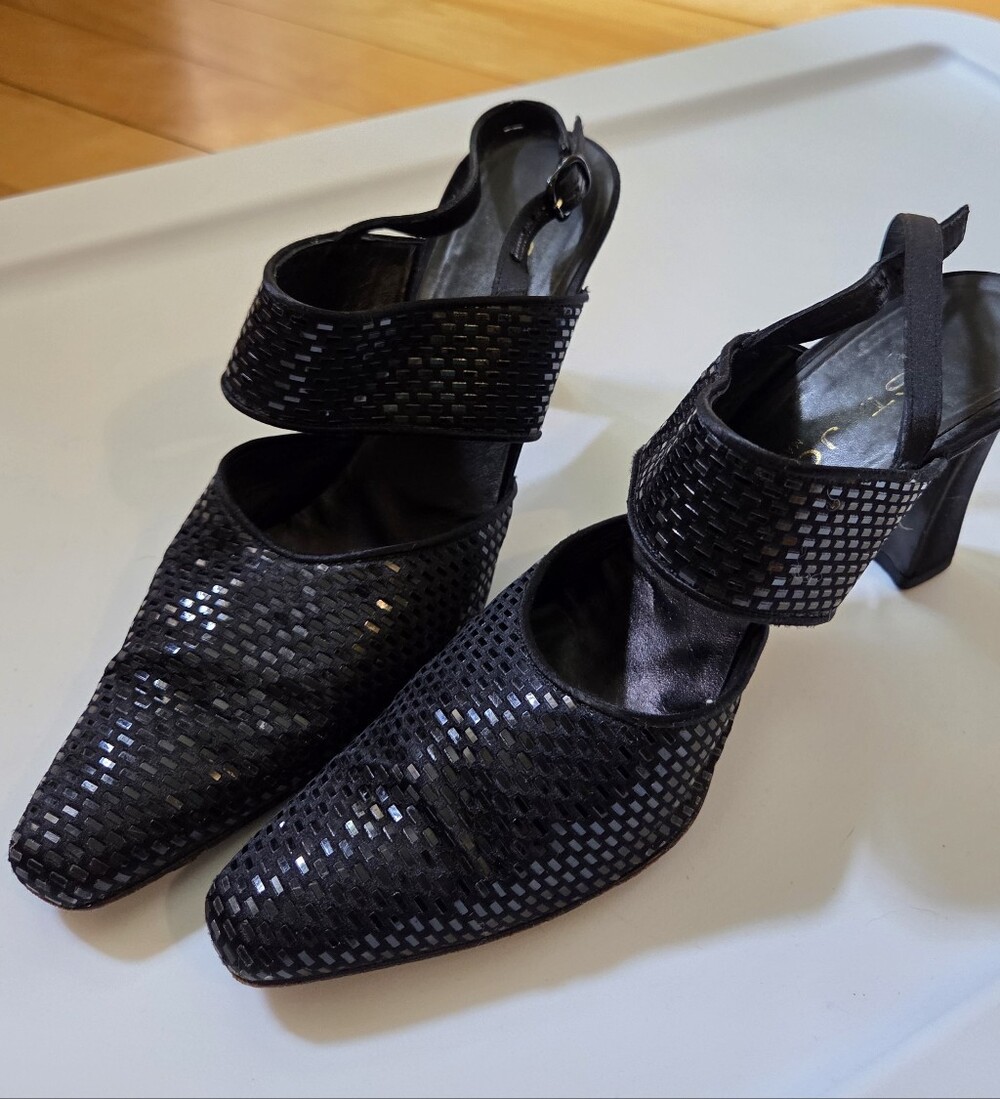 St. John Black Woven Slingback Block Heels